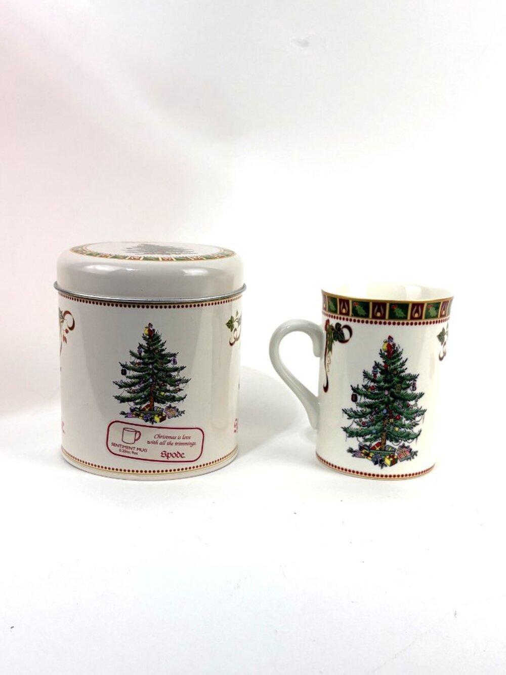 Spode Christmas Tree "Love with all the trimmings" Sentiment Mug & Tin Can